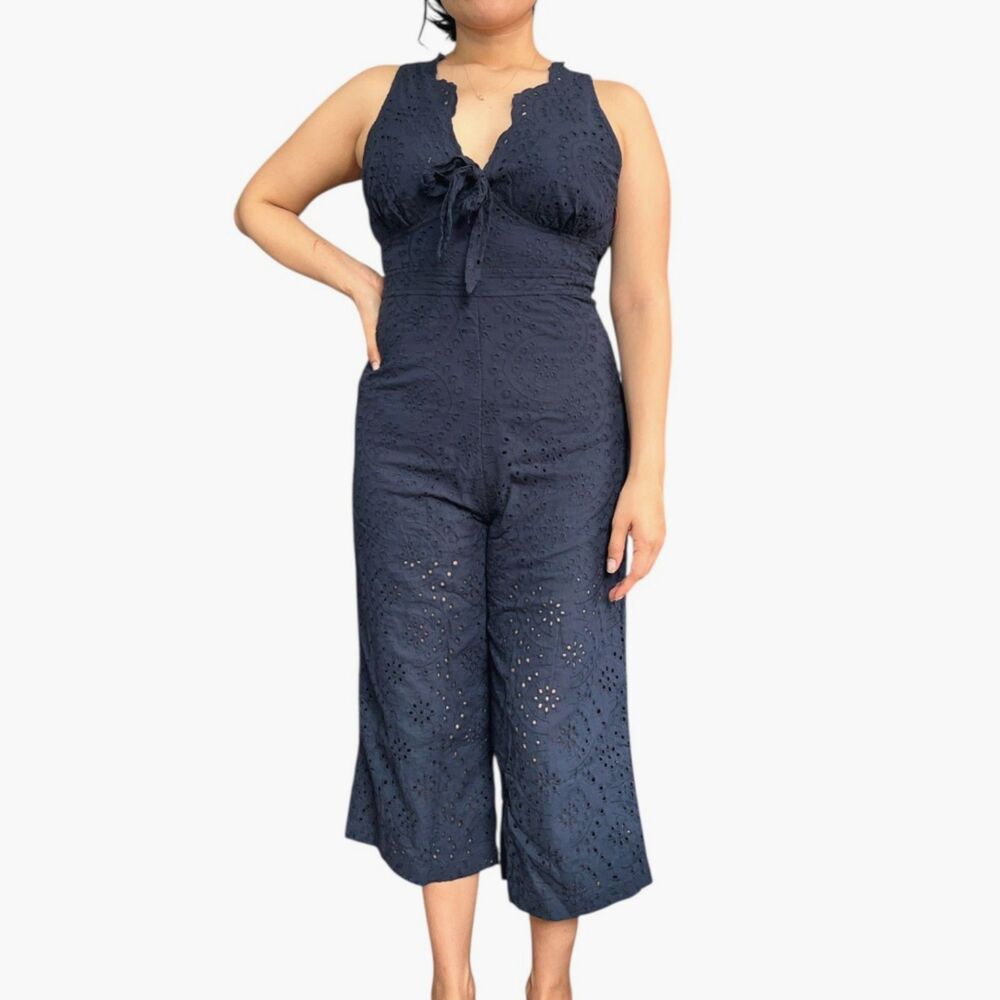 Davi & Dani Eyelet Lace Sleeveless Front Tie Cropped Wide Leg Jumpsuit S